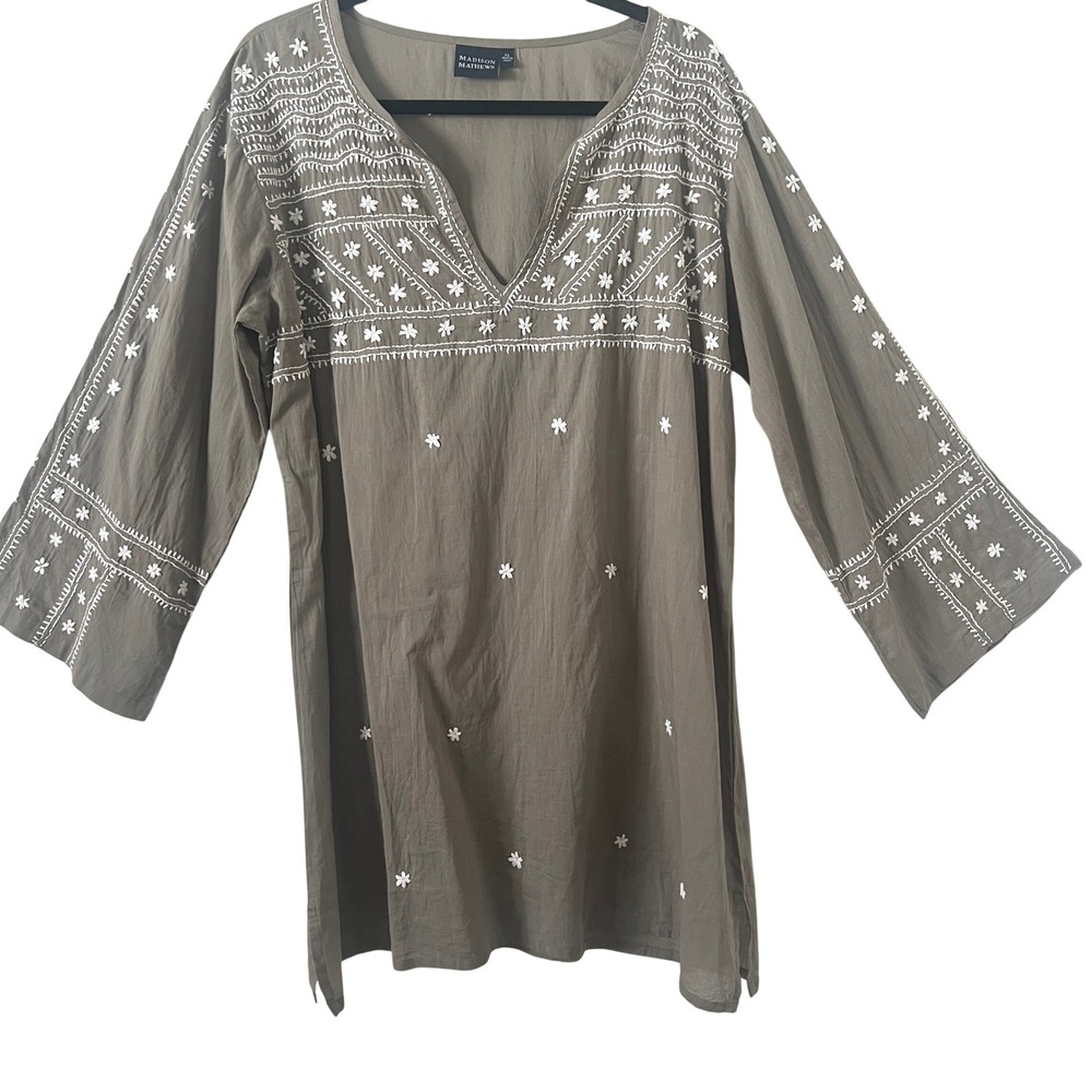 Madison Mathews Sz XL Molly Shirt Hand Embroidered Gray Boho Tunic Top Cotton